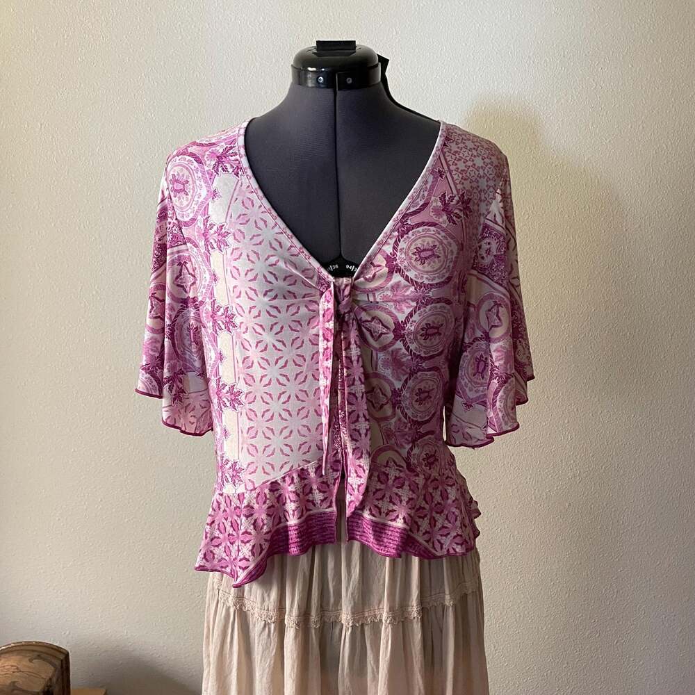y2k 2000s vintage pink paisley ruffle fairy top boho angles sleeves